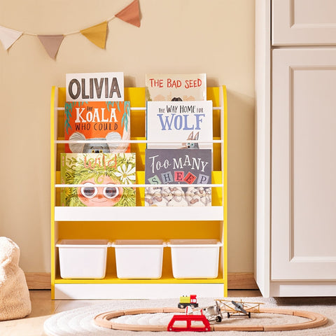 Rootz Kids Storage Shelf - Organizer - Bookcase - Space Saving - 63cm x 76cm x 30cm - Yellow & White