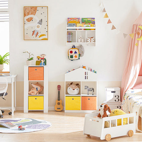 Rootz Children's Bookshelf and Storage Organizer - Toy Shelf - Book Rack - Includes 4 Compartments and 2 Fabric Boxes - Wall Secure with Tilt Lock - MDF and Non-Woven Fabric - 65cm x 91cm x 27cm