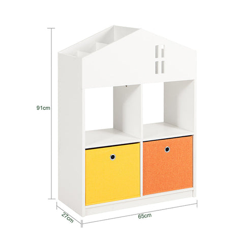 Rootz Children's Bookshelf and Storage Organizer - Toy Shelf - Book Rack - Includes 4 Compartments and 2 Fabric Boxes - Wall Secure with Tilt Lock - MDF and Non-Woven Fabric - 65cm x 91cm x 27cm