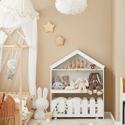 Rootz Children's Bookshelf and Storage Cart - Movable Bookcase - Kids' Shelf with Fence Design - Ample Storage Space - Secure Wall Attachment - Mobile with Lockable Wheels - 91cm x 114cm x 30cm
