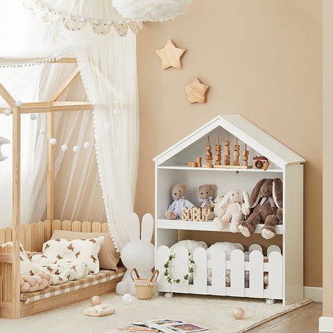 Rootz Children's Bookshelf and Storage Cart - Movable Bookcase - Kids' Shelf with Fence Design - Ample Storage Space - Secure Wall Attachment - Mobile with Lockable Wheels - 91cm x 114cm x 30cm