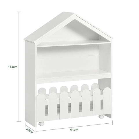 Rootz Children's Bookshelf and Storage Cart - Movable Bookcase - Kids' Shelf with Fence Design - Ample Storage Space - Secure Wall Attachment - Mobile with Lockable Wheels - 91cm x 114cm x 30cm