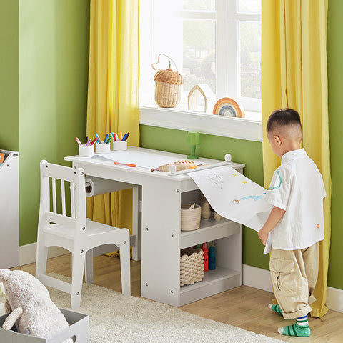Rootz Children's Table and Chair Set - Study Desk - Activity Table - Durable MDF and Pine Construction - Storage Shelves - Paper Roll Holder - High Backrest - Dimensions: Table 80x65.5x54cm, Chair 30x64x34.5cm
