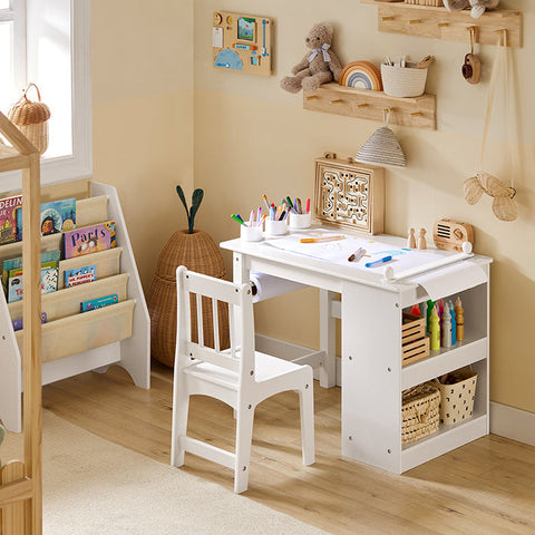 Rootz Children's Table and Chair Set - Study Desk - Activity Table - Durable MDF and Pine Construction - Storage Shelves - Paper Roll Holder - High Backrest - Dimensions: Table 80x65.5x54cm, Chair 30x64x34.5cm
