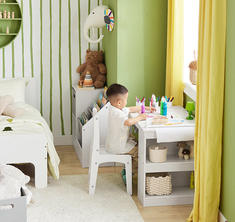 Rootz Children's Table and Chair Set - Study Desk - Activity Table - Durable MDF and Pine Construction - Storage Shelves - Paper Roll Holder - High Backrest - Dimensions: Table 80x65.5x54cm, Chair 30x64x34.5cm