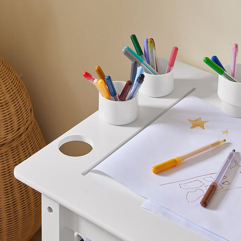Rootz Children's Table and Chair Set - Study Desk - Activity Table - Durable MDF and Pine Construction - Storage Shelves - Paper Roll Holder - High Backrest - Dimensions: Table 80x65.5x54cm, Chair 30x64x34.5cm