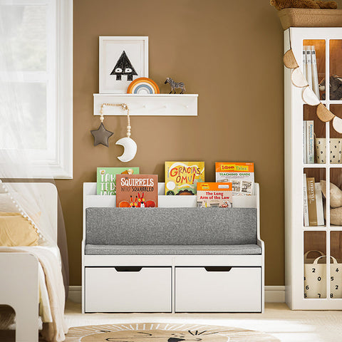 Rootz Children's Bench with Bookshelf and Seat Cushion - Toy Chest - Storage Box with Wheels - MDF Construction - Durable & Spacious - Supports up to 120kg - 100cm x 70cm x 45cm