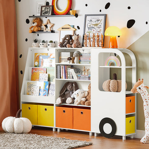 Rootz Children's Bookshelf with Storage Boxes - Toy Organizer - Kids Bookcase - MDF and Bamboo Construction - Tilt Lock Safety Feature - Easy Assembly - 60cm x 110cm x 25cm