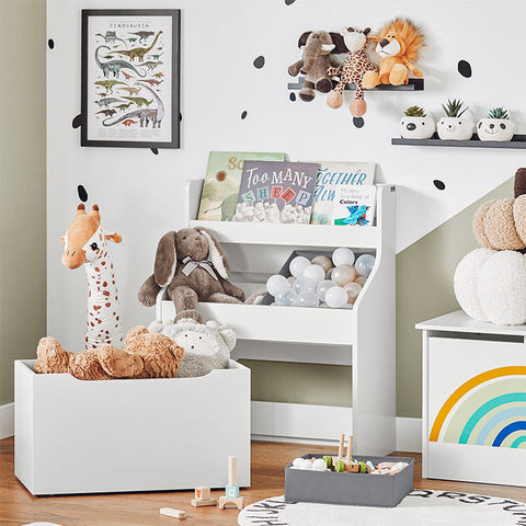 Rootz Children's Bookshelf with Toy Chest - Storage Organizer - Kids Bookcase - MDF and Fabric Construction - Easy Assembly - 63cm x 80cm x 32cm