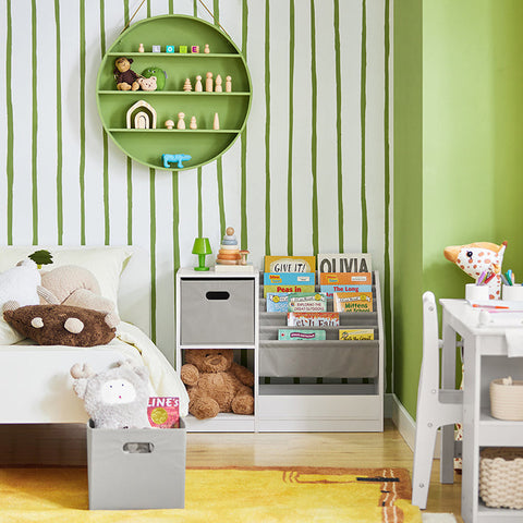 Rootz Children's Bookshelf - Toy Storage Organizer - Kids Bookcase - Durable PB(E1) Material - 5 Compartments - Label-Friendly Fabric Bins - 80cm x 61cm x 30cm