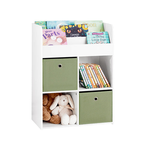 Rootz Children's Bookcase with 2 Fabric Boxes - Toy Shelf - Storage Rack - MDF Construction - Wall Secure Tilt Lock - Space-Saving Design - 60cm x 36cm x 20cm