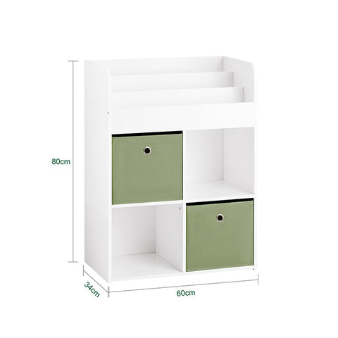 Rootz Children's Bookcase with 2 Fabric Boxes - Toy Shelf - Storage Rack - MDF Construction - Wall Secure Tilt Lock - Space-Saving Design - 60cm x 36cm x 20cm