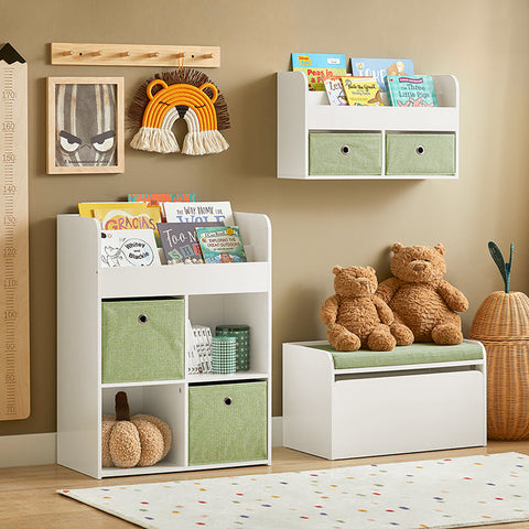 Rootz Children's Bookcase with 2 Fabric Boxes - Toy Shelf - Storage Rack - MDF Construction - Wall Secure Tilt Lock - Space-Saving Design - 60cm x 36cm x 20cm