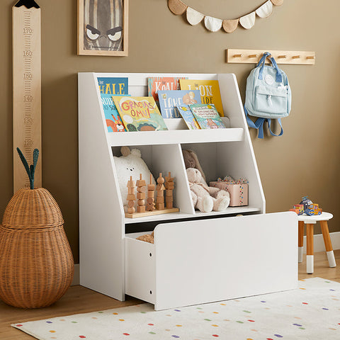 Rootz Mobile Children's Bookshelf with Toy Chest - Storage Rack - Kids' Organizer - MDF Construction - Safety Wall Attachment - Easy Assembly - 76cm x 100cm x 40cm