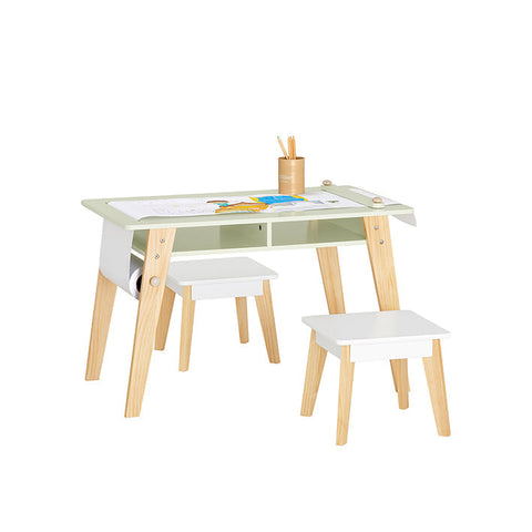 Rootz Kids Activity Table Set with 2 Stools - Study Desk - Craft Table - Space-Saving Design - Durable MDF & Pine Construction - Includes Paper Roll Holder - 80cm x 50cm x 48cm