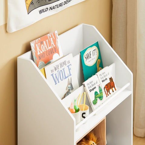 Rootz Children's Storage Shelf with Sliding Door - Bookshelf - Toy Organizer - MDF and Bamboo - Safe and Stable with Tilt Protection - Easy Assembly - 63cm x 80cm x 35cm