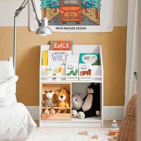 Rootz Children's Storage Shelf with Sliding Door - Bookshelf - Toy Organizer - MDF and Bamboo - Safe and Stable with Tilt Protection - Easy Assembly - 63cm x 80cm x 35cm