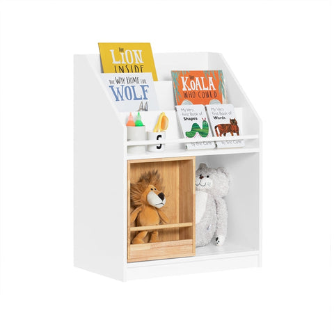 Rootz Children's Storage Shelf with Sliding Door - Bookshelf - Toy Organizer - MDF and Bamboo - Safe and Stable with Tilt Protection - Easy Assembly - 63cm x 80cm x 35cm