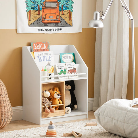 Rootz Children's Storage Shelf with Sliding Door - Bookshelf - Toy Organizer - MDF and Bamboo - Safe and Stable with Tilt Protection - Easy Assembly - 63cm x 80cm x 35cm