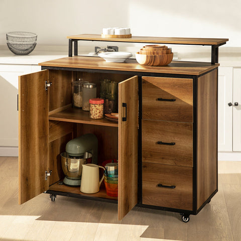 Rootz Kitchen Trolley with Worktop - Kitchen Island - Mobile Kitchen Cabinet - Adjustable Shelves - Versatile Storage - Durable PB(E1) and Metal - 113cm x 106cm x 69cm