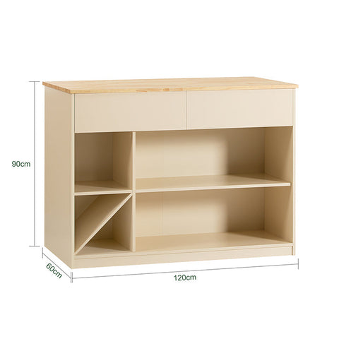 Rootz Modern Kitchen Island - Sideboard - Buffet Cabinet - MDF and Rubber Wood - Spacious Storage with 5 Compartments and 2 Drawers - Wine Bottle Storage - 120cm x 90cm x 60cm