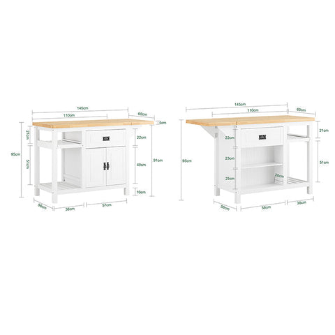 Rootz Kitchen Island - Sideboard - Bar Table - Expandable Design - Adjustable Storage - Easy Assembly - 110-145cm x 95cm x 60cm