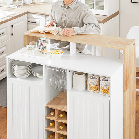 Rootz Kitchen Island - Bar Table - Sideboard - Expandable Design - Wine Storage - Glass Holders - Rubberwood Top - 105cm x 105cm x 60cm