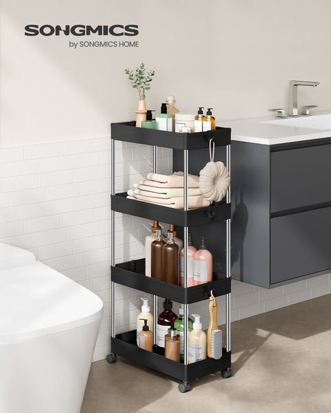 Rootz Niche Shelf - Storage Rack - Organizer - PP Plastic - Stainless Steel Tubes - 22cm x 40cm x 88cm - Black - 6 Hooks - Easy Assembly - Space Saving