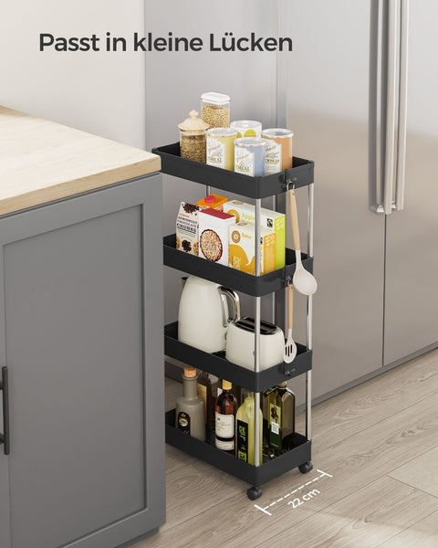 Rootz Niche Shelf - Storage Rack - Organizer - PP Plastic - Stainless Steel Tubes - 22cm x 40cm x 88cm - Black - 6 Hooks - Easy Assembly - Space Saving