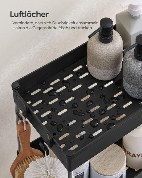 Rootz Niche Shelf - Storage Rack - Organizer - PP Plastic - Stainless Steel Tubes - 22cm x 40cm x 88cm - Black - 6 Hooks - Easy Assembly - Space Saving