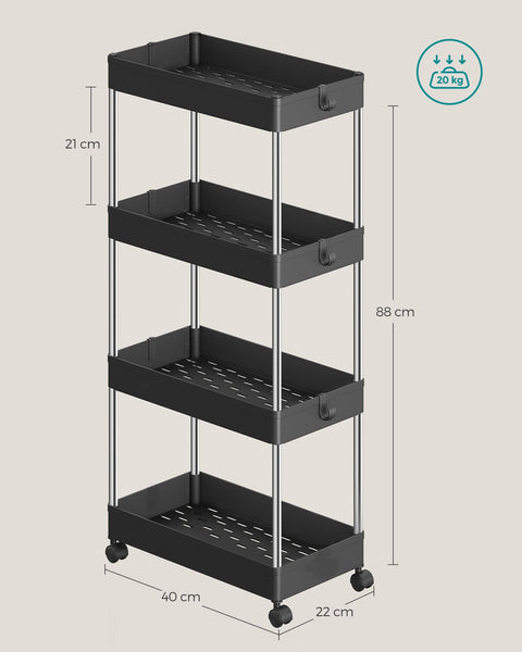 Rootz Niche Shelf - Storage Rack - Organizer - PP Plastic - Stainless Steel Tubes - 22cm x 40cm x 88cm - Black - 6 Hooks - Easy Assembly - Space Saving