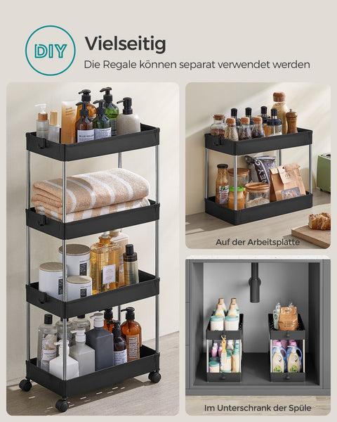 Rootz Niche Shelf - Storage Rack - Organizer - PP Plastic - Stainless Steel Tubes - 22cm x 40cm x 88cm - Black - 6 Hooks - Easy Assembly - Space Saving
