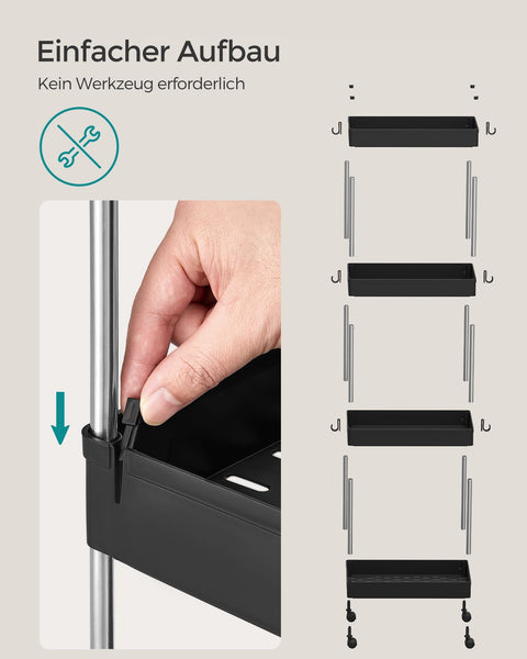 Rootz Niche Shelf - Storage Rack - Organizer - PP Plastic - Stainless Steel Tubes - 22cm x 40cm x 88cm - Black - 6 Hooks - Easy Assembly - Space Saving