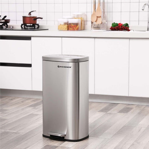 Rootz Trash Can - Trash Bin - Trash Can With Soft Close Function - Kitchen Trash Bin - Waste Bin - Stylish Kitchen Rubbish Bin - Steel - Plastic - Silver - 35 x 23.8 x 63 cm (W x H x D)