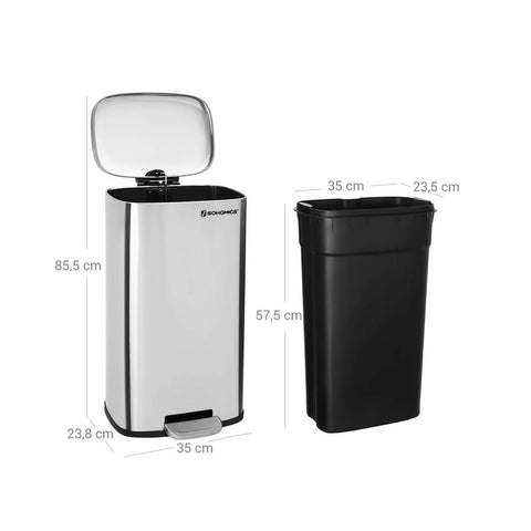 Rootz Trash Can - Trash Bin - Trash Can With Soft Close Function - Kitchen Trash Bin - Waste Bin - Stylish Kitchen Rubbish Bin - Steel - Plastic - Silver - 35 x 23.8 x 63 cm (W x H x D)