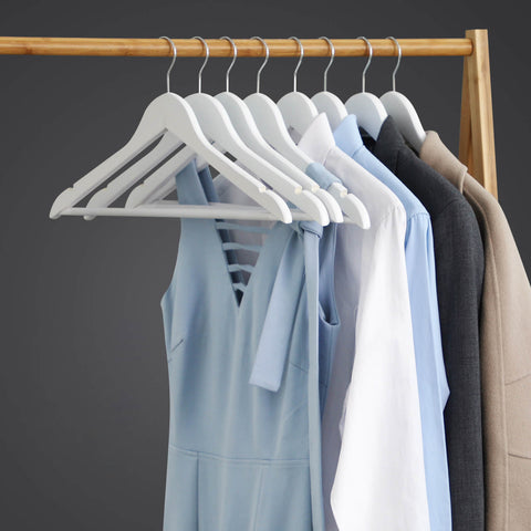 Rootz 20 Pack White Wooden Clothes Hangers - Maple Wood - Trouser Bar - Chrome Plated Hooks - Organize Closet - Space Saving - 44.5cm x 23cm x 1.2cm