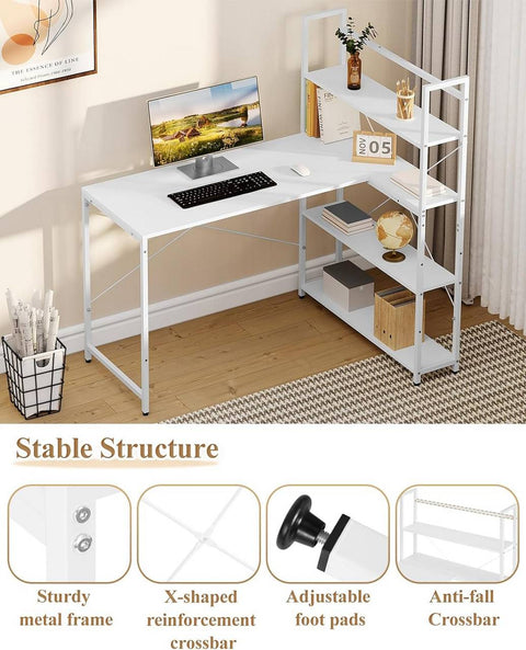 Rootz L-Shaped Corner Desk - Computer Workstation - Gaming Table - Adjustable Shelves - Stable Structure - 120x80x128.5cm