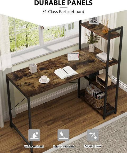 Rootz Industrial Desk with Shelves - Computer Desk - Study Table - X-Stripes - Wide Table Top - 120cmx120cmx50cm
