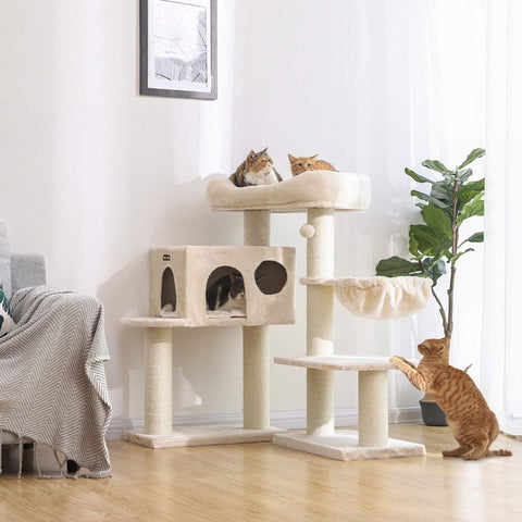 Rootz Cat Trees House - Double Floor - Change Direction - Scratching Post - Large Cats - Viewing Platform - Space-saving Cat - Carb Certified Chipboard Plush-sisal - Beige - 70 x 60 x 112 cm