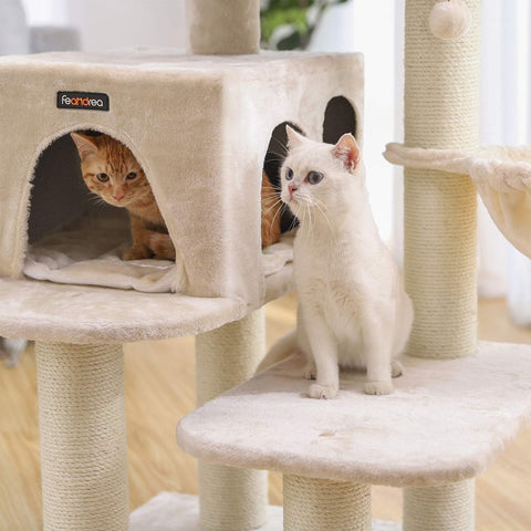 Rootz Cat Trees House - Double Floor - Change Direction - Scratching Post - Large Cats - Viewing Platform - Space-saving Cat - Carb Certified Chipboard Plush-sisal - Beige - 70 x 60 x 112 cm