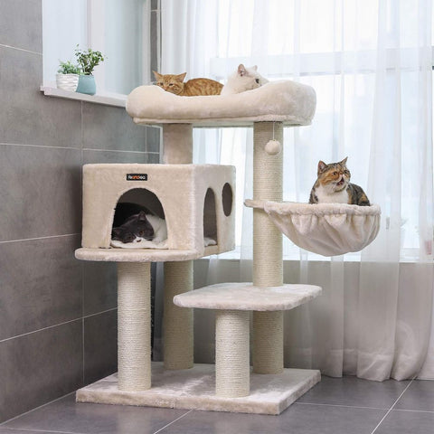 Rootz Cat Trees House - Double Floor - Change Direction - Scratching Post - Large Cats - Viewing Platform - Space-saving Cat - Carb Certified Chipboard Plush-sisal - Beige - 70 x 60 x 112 cm