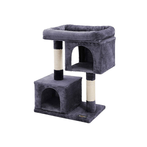 Rootz Scratching Post - With Large Platform - 2 Cat Caves With Playhouse - Cat Tree - Chipboard - Plush - Smoke Gray - 60 x 40 x 84 cm (W x D x H)