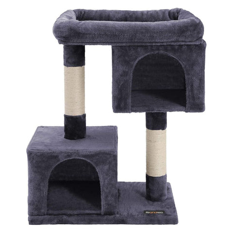 Rootz Scratching Post - With Large Platform - 2 Cat Caves With Playhouse - Cat Tree - Chipboard - Plush - Smoke Gray - 60 x 40 x 84 cm (W x D x H)