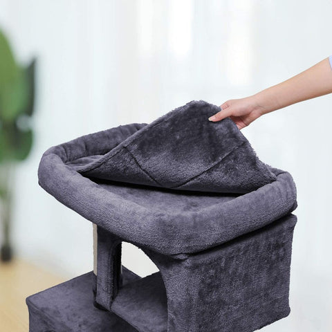 Rootz Scratching Post - With Large Platform - 2 Cat Caves With Playhouse - Cat Tree - Chipboard - Plush - Smoke Gray - 60 x 40 x 84 cm (W x D x H)
