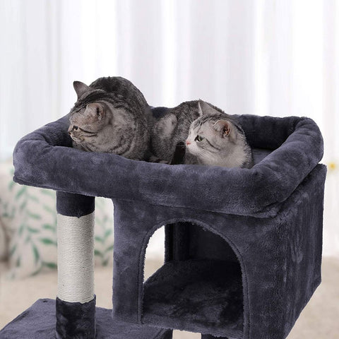 Rootz Scratching Post - With Large Platform - 2 Cat Caves With Playhouse - Cat Tree - Chipboard - Plush - Smoke Gray - 60 x 40 x 84 cm (W x D x H)