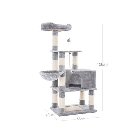 Rootz Medium Cat Tree Scratching Post - Multi-Function Cat Tower - Playful Cat Condo - Plush Lying Surfaces - Chipboard Construction - 55cm x 40cm x 138cm