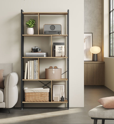Rootz 5 Level Shelf - Bookcase - Storage Rack - Durable Metal Frame - 30cm x 74cm x 154.5cm - Brown - Black