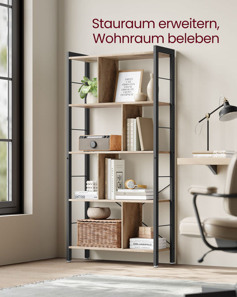 Rootz 5 Level Shelf - Bookcase - Storage Rack - Durable Metal Frame - 30cm x 74cm x 154.5cm - Brown - Black