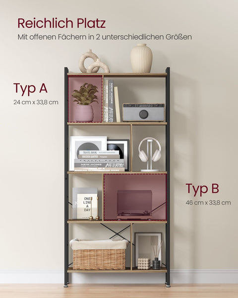 Rootz 5 Level Shelf - Bookcase - Storage Rack - Durable Metal Frame - 30cm x 74cm x 154.5cm - Brown - Black