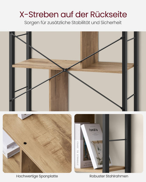 Rootz 5 Level Shelf - Bookcase - Storage Rack - Durable Metal Frame - 30cm x 74cm x 154.5cm - Brown - Black